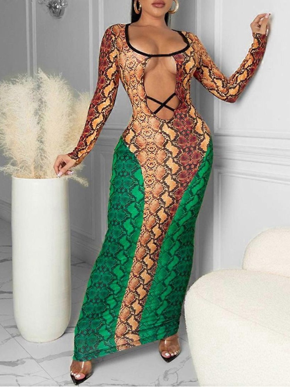 Green & Brown Snake-Print Maxi Dress with Cutout Detail